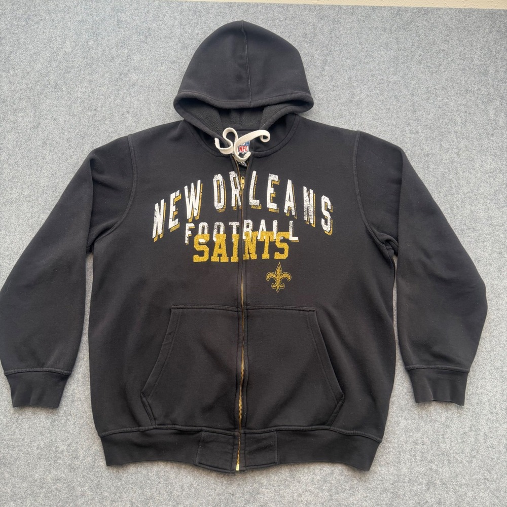NFL New Orleans Saints Full Zip Hoodie Mens XXL Black Distressed Graphic Logo